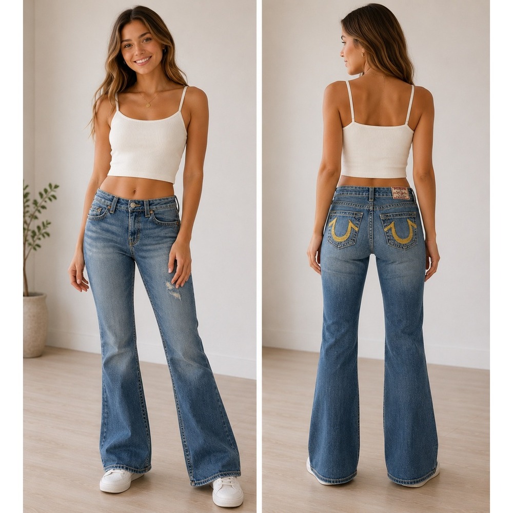 True Religion Jeans Women Blue Rainbow Bobby Straight Leg Pants Size 30